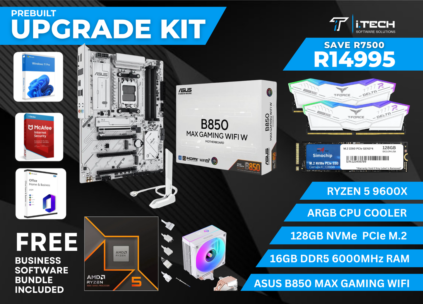 GAMING UPGRADE KIT | Ryzen 5 9600X & ARGB CPU Cooler | 16GB DDR5 6000MHz | 128GB SSD | ASUS B850 MAX